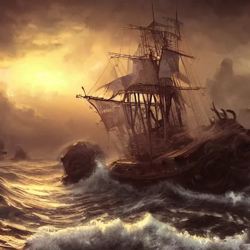 Image similar to cinematic shot pirate ship sinking after being attacked by the kraken rain waves sunset digital painting, artstation, concept art, soft light, hdri, smooth, sharp focus, illustration, fantasy, intricate, elegant, highly detailed, D&D, matte painting, in the style of Greg Rutkowski and Alphonse Mucha and artemisia, 8k, highly detailed, jurgens, rutkowski, bouguereau, pastoral, rustic, georgic