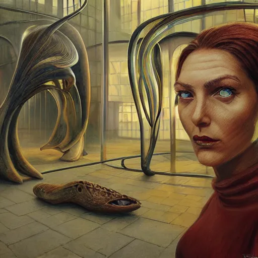 Prompt: detailed face of a woman with amber eyes in a biomorphic courtyard with dna sculptures at a science expo, atmospheric, ambient, pj crook, syd mead, livia prima, artgerm, greg rutkowski, nick alm, casey baugh