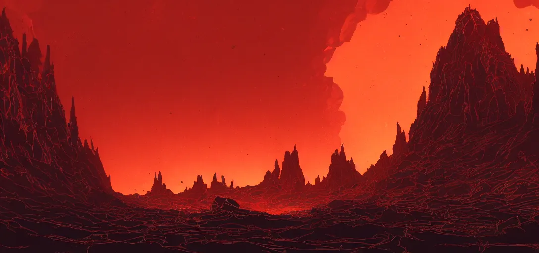 Prompt: divine cathedral made of fire, seen in the distance on the horizon, on a desert planet, black smoke particles, dark colors, red background, dark underground cave, in the graphic style of and Patrick Gleason, low key lighting, detailed art, trending on Artstation, sharp focus, comic art, horror concept art, smooth,