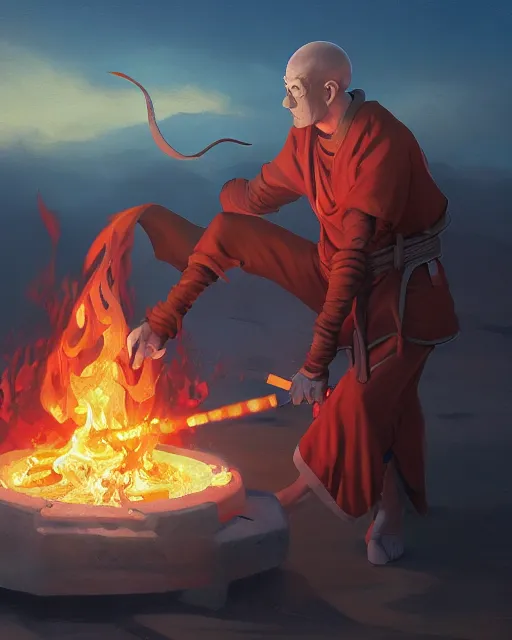 Image similar to [ squidward ] wearing fire nation clothing and practicing firebending outside at susnset, oil painting, highly detailed, intricate, hd, sharp focus, photorealistic, by moebius and greg rutkowski, trending on artstation, trending on cgsociety, realistic shading and lighting