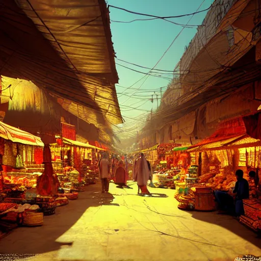 Image similar to bazaar in delhi. art by salman toor. global illumination, radiant light, detailed and intricate environment, atmospheric light, cinematic, trending on artstation