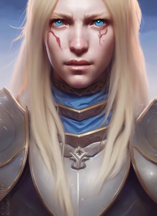 Image similar to a fantasy style portrait painting of shy white female paladin with blonde hair and blue eyes shy scarred left eye, holy oil painting unreal 5 daz. rpg portrait extremely detailed artgerm greg rutkowski _ greg