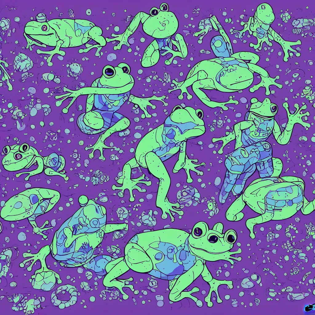 Image similar to indigo toads, frogs, ryuta ueda artwork, breakcore, jet set radio artwork, y 2 k, gloom, space, cel - shaded art style, indigo rainbow, data, minimal, code, cybernetic, dark, eerie, cyber