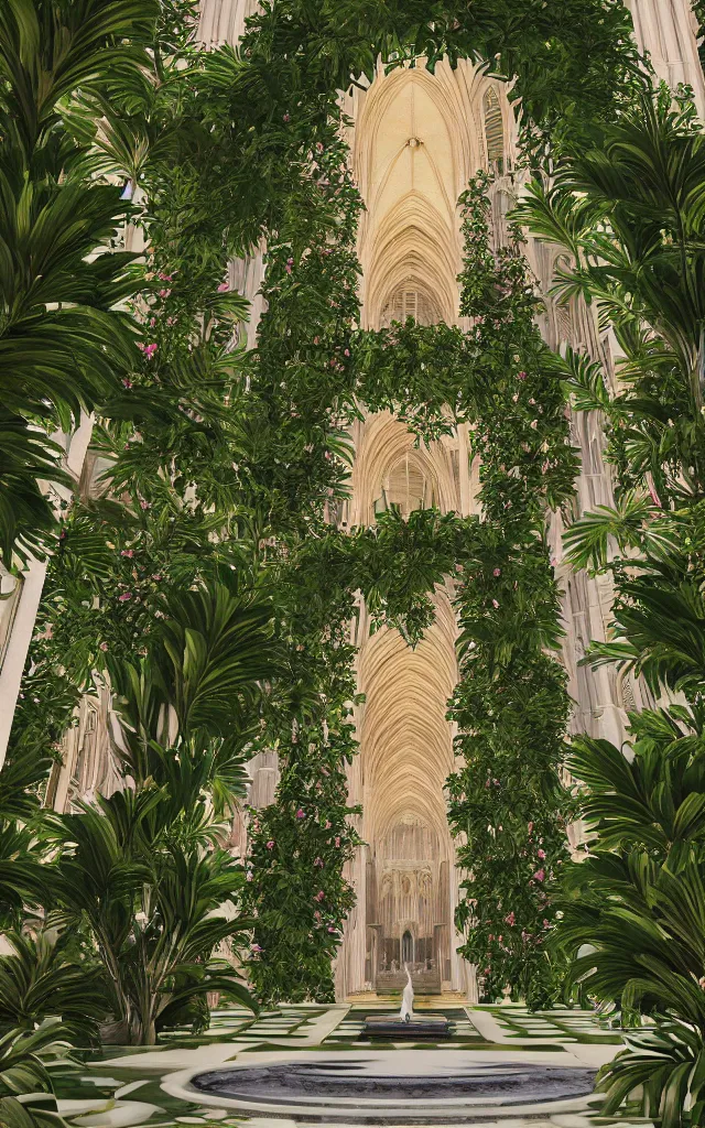 Image similar to beautiful grand cathedral interior with koi! pond!! in the! middle! surrounded by palm trees, ivy, flowers!!, tropical plants, roses!!, and with archways, rendered in octane render with photorealistic volumetric cinematic lighting, wide angle, horizontal symmetry, symmetrical! 8 k