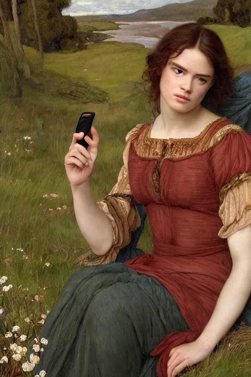 Prompt: a pre raphaelite painting of daisy ridley looking disinterestedly at her phone by dante gabriel rossett