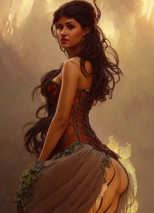 Image similar to cute brown woman wearing a translucent corset dress, fantasy, intricate, highly detailed, digital painting, artstation, concept art, wallpaper, smooth, sharp focus, illustration, art by artgerm and greg rutkowski and alphonse mucha