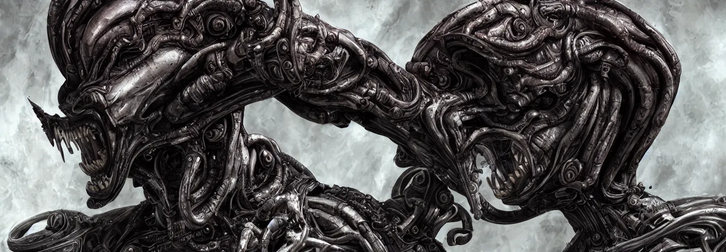 Image similar to engineer prometheus face by Artgerm, xenomorph alien, highly detailed, symmetrical long head, blood color, smooth marble surfaces, detailed ink illustration, raiden metal gear, cinematic smooth stone, deep aesthetic, concept art, post process, 4k, carved marble texture and silk cloth, latex skin, highly ornate intricate details, prometheus, evil, moody lighting, hr geiger, hayao miyazaki, indsutrial Steampunk
