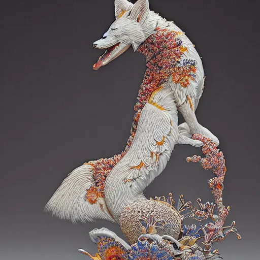 Image similar to A photo-real delicate ceramic porcelain sculpture of an ornate detailed kitsune in front of a intricate background by Victo Ngai and takato yamamoto, micro detail, backlit lighting, subsurface scattering, translucent, thin porcelain, octane renderer, colorful, physically based rendering, japanese pottery, trending on cgsociety