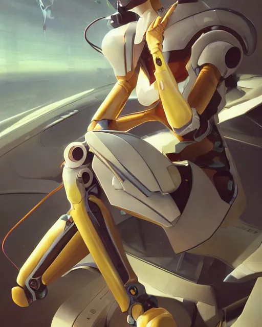 Prompt: beautiful delicate imaginative streamlined mecha neon genesis evangelion elegant futuristic close up portrait of a pilot female sitting with elegant deadly looks, armor with gold linings by ruan jia, tom bagshaw, alphonse mucha, futuristic buildings in the background, epic sky, vray render, artstation, deviantart, pinterest, 5 0 0 px models