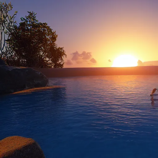 Prompt: swimming into the sunset, realistic, warm lighting, unreal engine