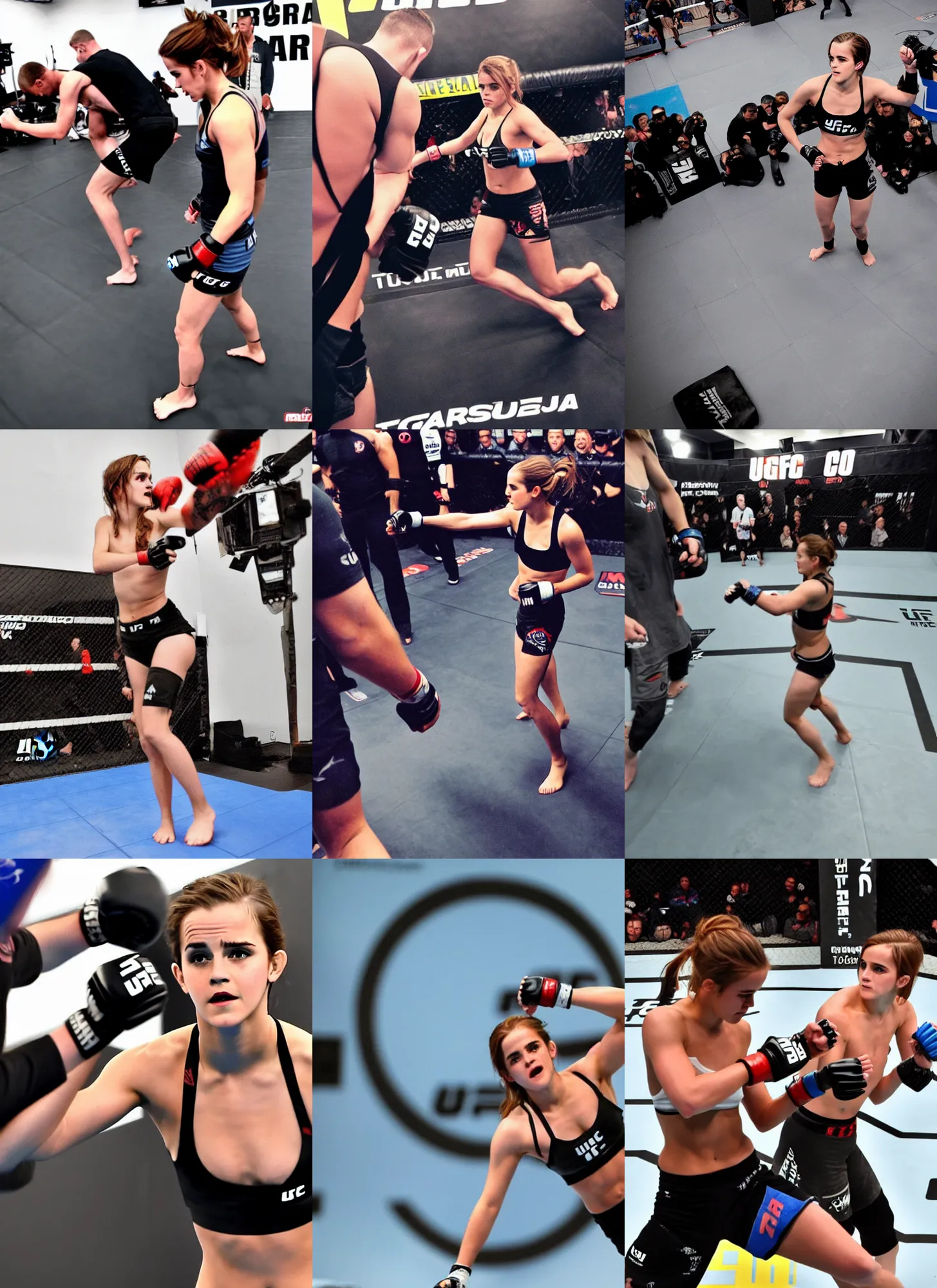 Prompt: go pro action shot of emma watson as a ufc fighter from the perspective of her opponent