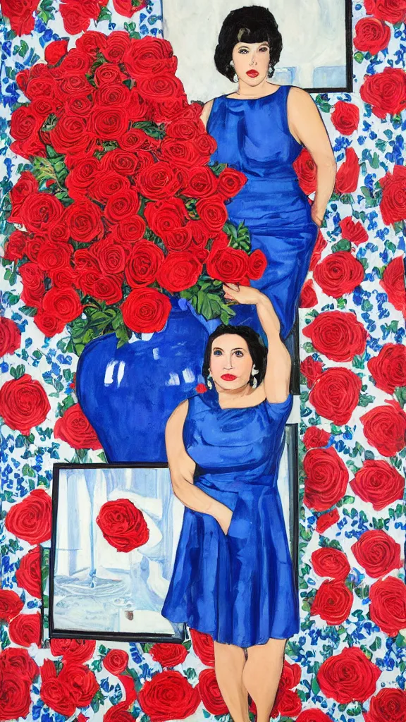 Image similar to portrait of rebekah delrio in lynch pattern dress beside of a big persian detailed pot of red roses, blue and red lights, mulholland drive, painted by egon sheile