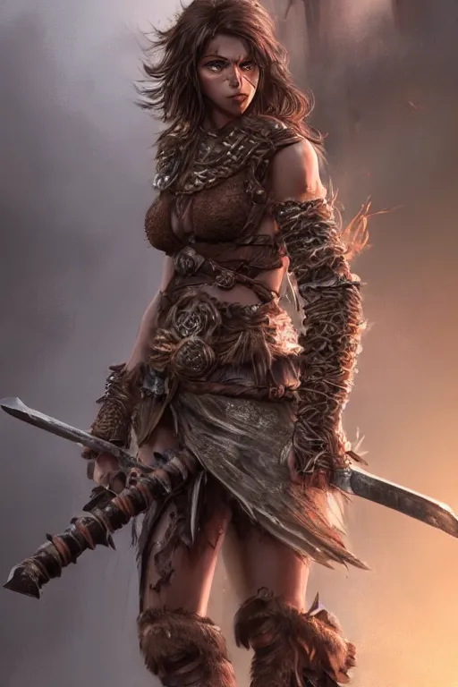 Prompt: Female barbarian, heavy brown metallic armor, beautiful, light brown messy hair, dark skin, brown eyes, detailed face, battle stance, high fantasy, extremely detailed, alone, DND, D&D, matte painting, by wlop