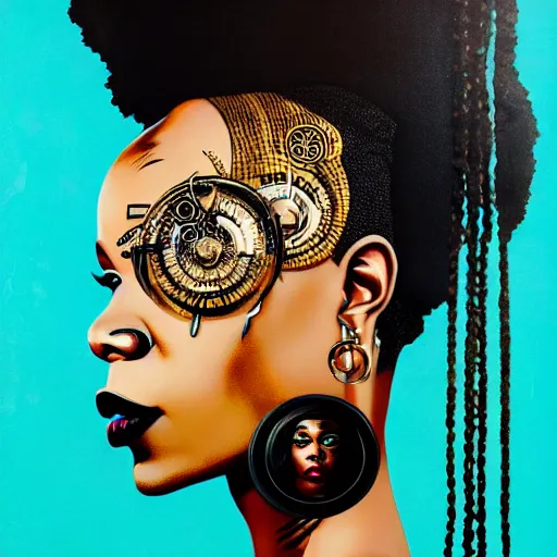 Image similar to portrait of a black woman :: side profile :: in ocean :: clockwork details :: gold :: blood and horror :: by vikings and Sandra Chevrier