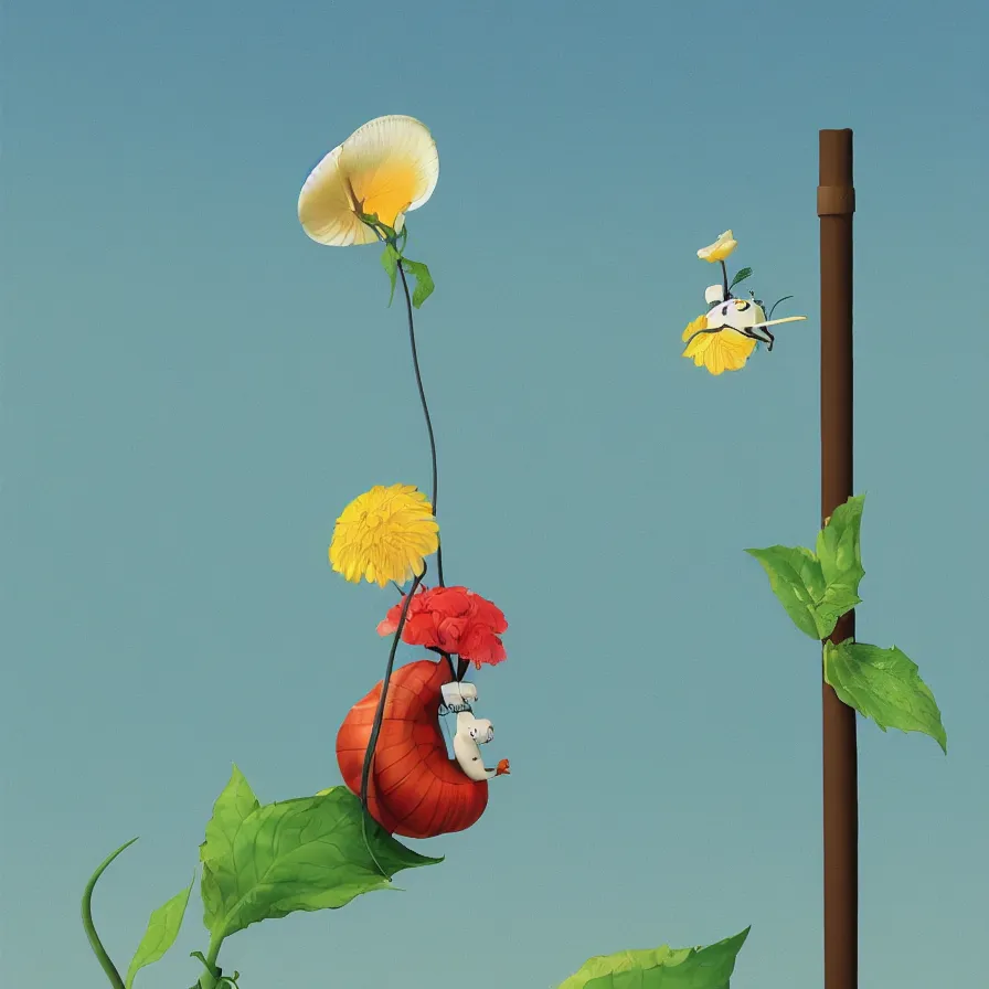 Image similar to Side view of a snail climbing up the pole of the tallest flower in the field, art by Goro Fujita