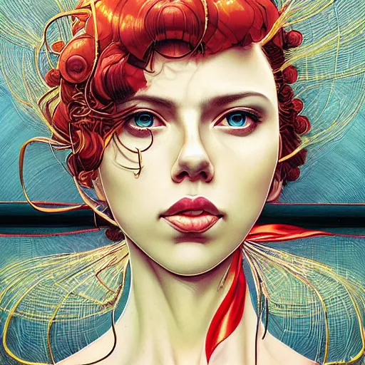 Image similar to portrait of beautiful crying cyborg scarlett johansson, big ribbon, symmetrical, by yoichi hatakenaka, masamune shirow, josan gonzales and dan mumford, ayami kojima, takato yamamoto, barclay shaw, karol bak, yukito kishiro, hajime soriyama