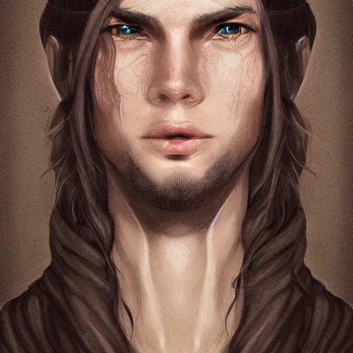 Image similar to realistic portrait, 25 years old man :: athletic fantasy mage :: green eyes, long brown hair :: wearing a robe :: high detail, digital art, RPG, concept art, illustration