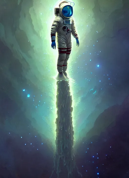 Image similar to close up shot of a full body floating astronaut portrait water elemental, james gurney, peter mohrbacher, mike mignola, exquisite detail perfect, hyper detailed,, black background, trending on artstation, by jordan grimmer, huge scene, art greg rutkowski