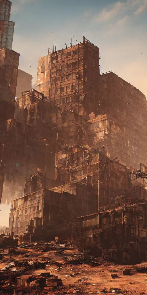 Image similar to lone giant rusted bitcoin building, post - apocalyptic wasteland, unreal 5 render, ray tracing, 8 k