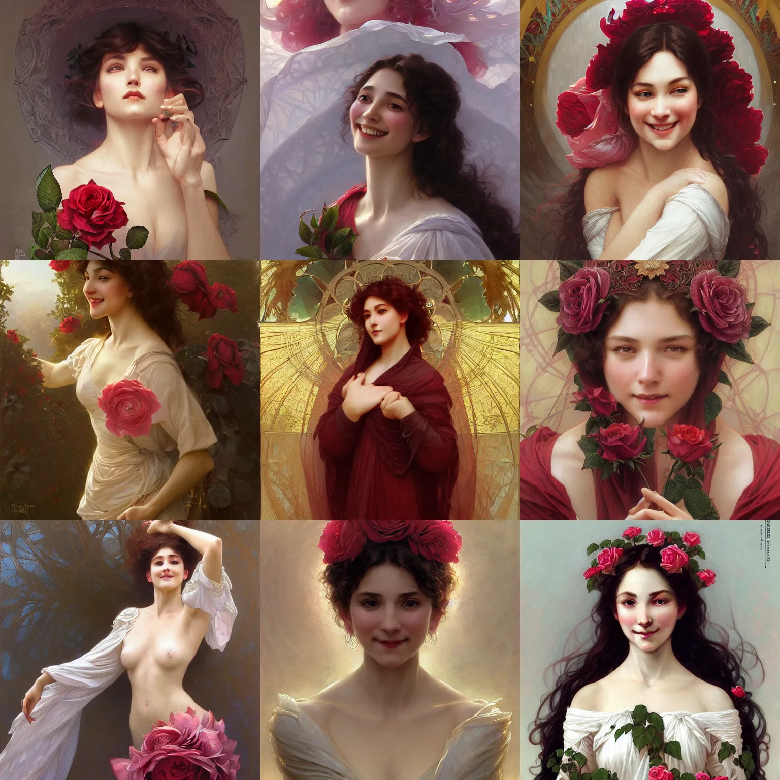 Prompt: big smile, rose veil, intricate, elegant, highly detailed, digital painting, artstation, concept art, smooth, sharp focus, illustration, art by artgerm and greg rutkowski and alphonse mucha and william - adolphe bouguereau