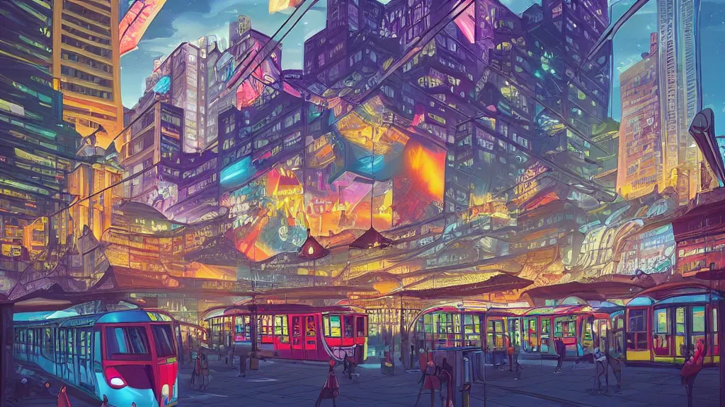 Image similar to plaza in the city at night by cyril rolando and naomi okubo and dan mumford and zaha hadid. flying cars. advertisements. neon. tram.