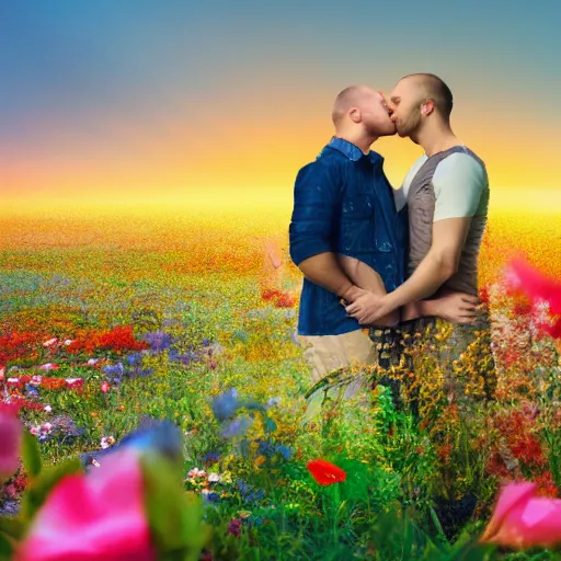 Prompt: a gay couple together in a field of flowers at sunset, realistic, intricate, 4k