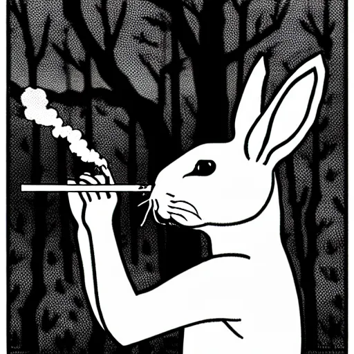 Image similar to an epic profile of a rabbit smoking a cigarette deep in the forest, striking pose, black and white illustration, creative design by junji ito