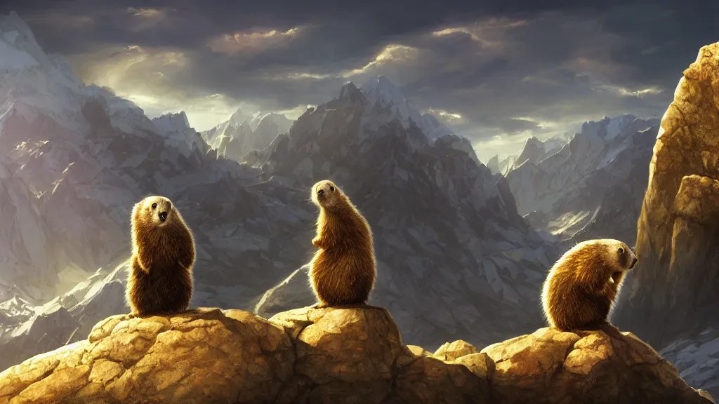 Prompt: A marmot protecting a stone on top of the Rocky Mountains, dreamscape, dramatic lighting, fantasy art illustration, trending on artstation, Aetherpunk