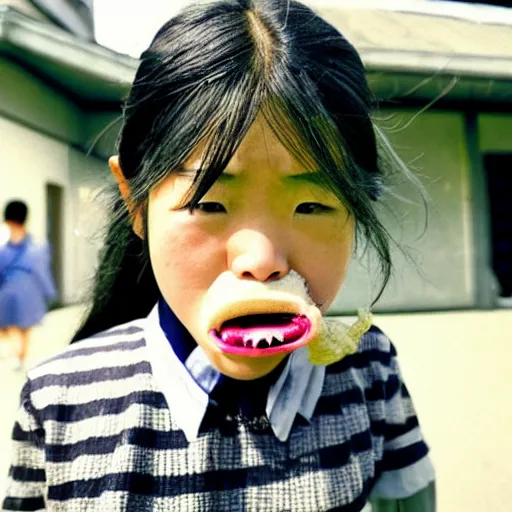 Image similar to National Geographic photo of angry japan school girl with spiders in her mouth