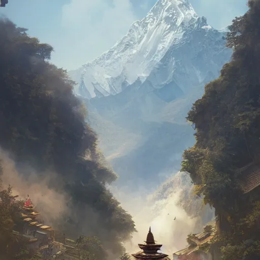 Prompt: ultra wide painting of nepal in year 2 0 7 7, ultra realistic, concept art, intricate details, highly detailed, photorealistic, octane render, 8 k, unreal engine. art by artgerm and greg rutkowski and alphonse mucha