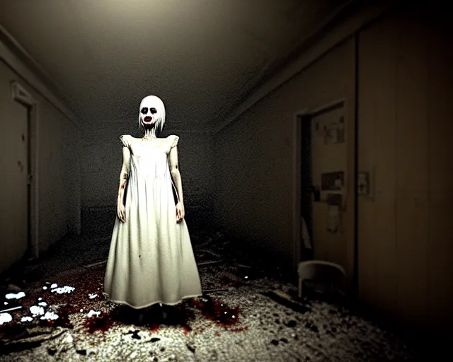 Prompt: creepy mangled woman wearing white dress standing in the backrooms, playable trailer, psychological horror, the eerie forlorn atmosphere of a place that's usually bustling with people but is now abandoned and quiet, buzzing fluorescent lights above the ceiling, unsettling images, liminal space, dark, silent hills, created by hideo kojima