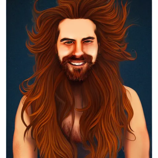 Prompt: art made of fire of a flawless man with long hair, with trimmed beard, smiling widely. fire in a shape of a man, extremely detailed, award-winning art, trending on Artstation