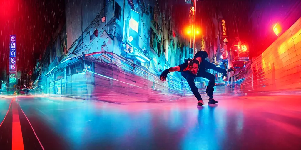 Image similar to cinematic wide angle, slow motion of futuristic break dancer wearing neon lights, trail effect, long exposure shot , at night in the middle of a rainy street, asian city, paddle of water, water splashes, rim lights, glossy reflections, water droplets on lens, octane render, detailed and soft, by jimbo phillips santa cruz, 10mm fisheye