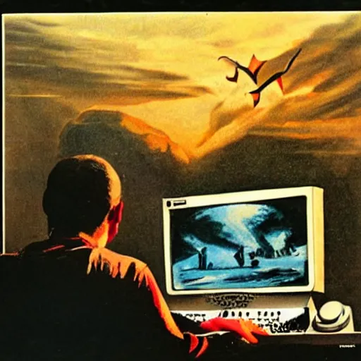 Prompt: a man watching the end of the world on a vintage computer