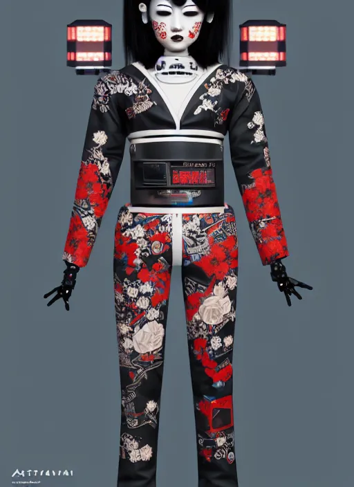 Image similar to full body portrait of a japanese punk geisha robot with kanji tattoos and decals wearing a digital pixelated kimono, intricate design, photo - realistic, octane render, dark colour palette, ultra fine detailed, character design, trending on artstation