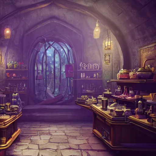 Image similar to inside a magical item shop, fantasy potion vendor interior, ufotable studio art style, gothic interior, 8 k, octane render, unreal engine