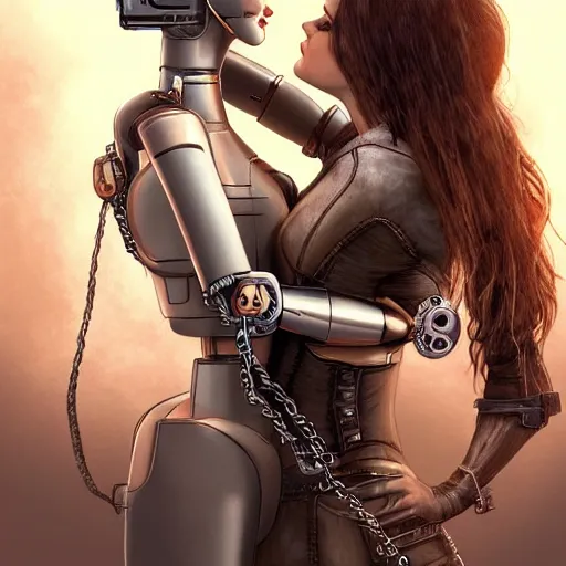 Image similar to Ultra realistic illustration,a women kissing a robot, steampunk, sci-fi, fantasy