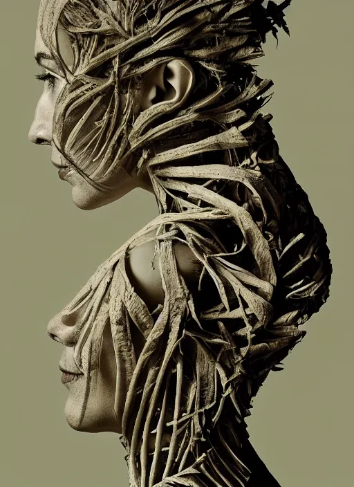 Image similar to a woman's face in profile, made of leaf skeleton, in the style of the Dutch masters and Gregory Crewdson, dark and moody