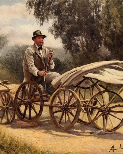 Prompt: Alex Jones is selling snake oil. he is wearing a cylinder hat and holds a stick and a bottle in his hands. there is a wagon in the background loaded with snake oil. painting by Alfred Waud