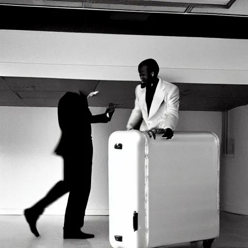 Prompt: black man and white man in black suits opening a suitcase that is glowing on the inside, 35mm, photo film footage