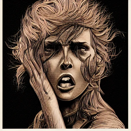 Image similar to Copper engraving of a woman screaming, ivy creeping around her face, artstation, intricate, 8k, award-winning