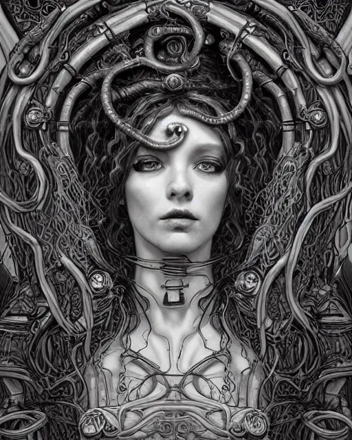 Prompt: Pre-raphaelite Perfectly-centered Hyperdetailed Hyper realistic symmetrical cinematic RPG portrait-illustration of a beautiful aetherpunk cyberpunk Medusa with glowing eyes in a black otherworldly dress and long ravepunk snakes for hair. She's near lovecraftian towers in a surreal landscape, style of epic sci-fi comic-book cover, 3D rim light, octane, artstation, cgsociety, smooth digital art, sharp focus