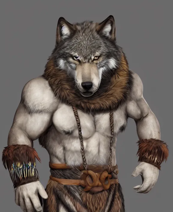 Image similar to burly tough character feature portrait of the anthro male anthropomorphic wolf fursona animal person wearing tribal primitive caveman loincloth outfit belt standing in the entrance to the cave, center framed character design stylized by charlie bowater, ross tran, artgerm, makoto shinkai, detailed, soft lighting, rendered in octane