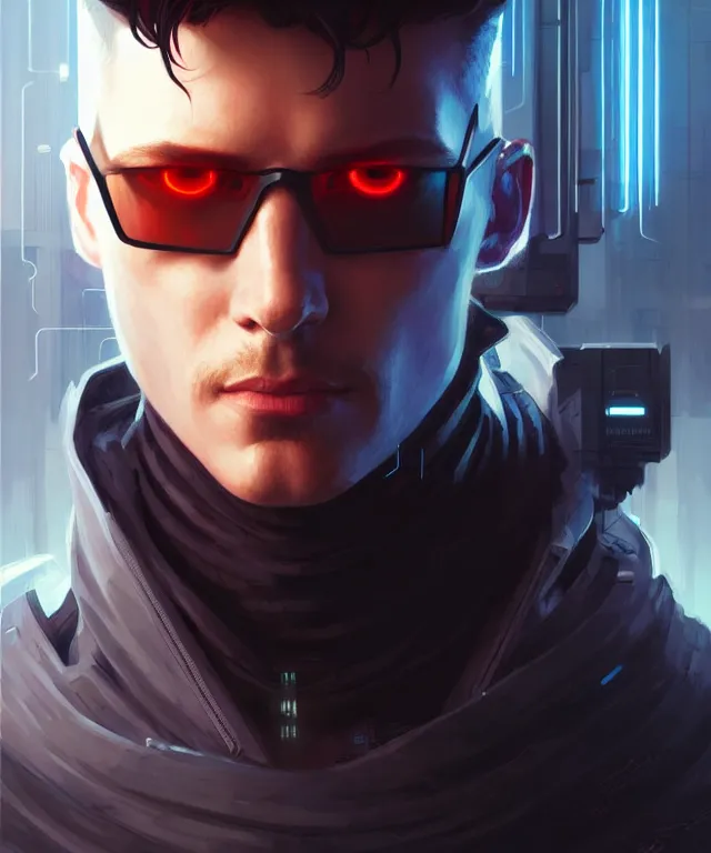 Image similar to Hacker cyberpunk man portrait, highly detailed, digital painting, artstation, concept art, smooth, sharp focus, illustration, art by artgerm and greg rutkowski and alphonse mucha