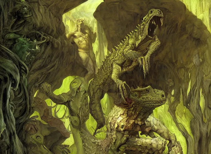 Prompt: underground cavern. troglodyte lizardman. green skinned creature blends into the shadows of the passage, its eyes glowing. edgar maxence and caravaggio and michael whelan and delacroix style, artistic, intricate painting, cinematic lighting, hyper realistic, extremely detailed, vivid colors, establishing shot, dramatic lighting.