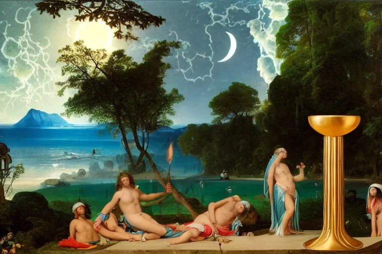 Prompt: The gazebo chalice, refracted moon sparkles, thunderstorm, greek pool, beach and Tropical vegetation on the background major arcana sky and occult symbols, by paul delaroche, hyperrealistic 4k uhd, award-winning, very detailed paradise