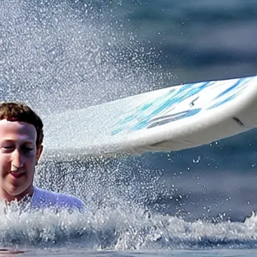 Prompt: Mark Zuckerberg covered in lots and lots of sun screen, completely covered in white. On a surf board in the ocean. Sun screen dripping everywhere