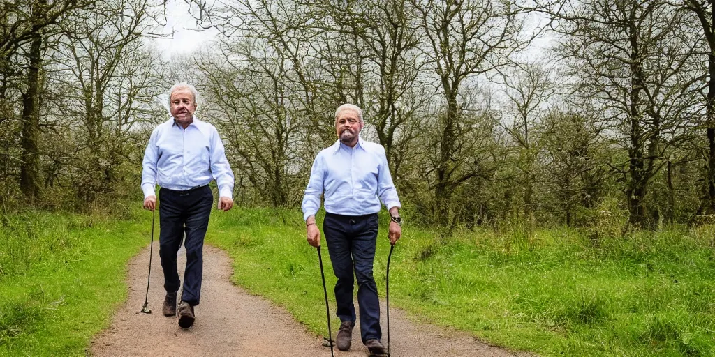 Image similar to alan sugar going for a walk in the country. summer time. the apprentice, 8 k, nature photography