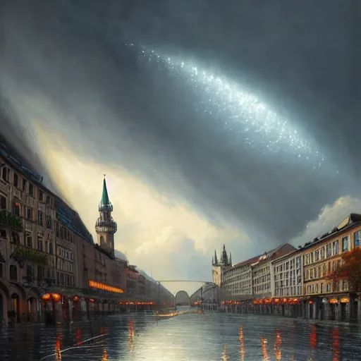 Image similar to , city of munich!!!, huge bright spot falling from the skies!!!, people running in panic!!, hyperrealistic, highly detailed, cinematic, daylight, beautiful, cgssociety, artstation, 8 k, oil painting by greg rutkowski, by artgerm, by wlop