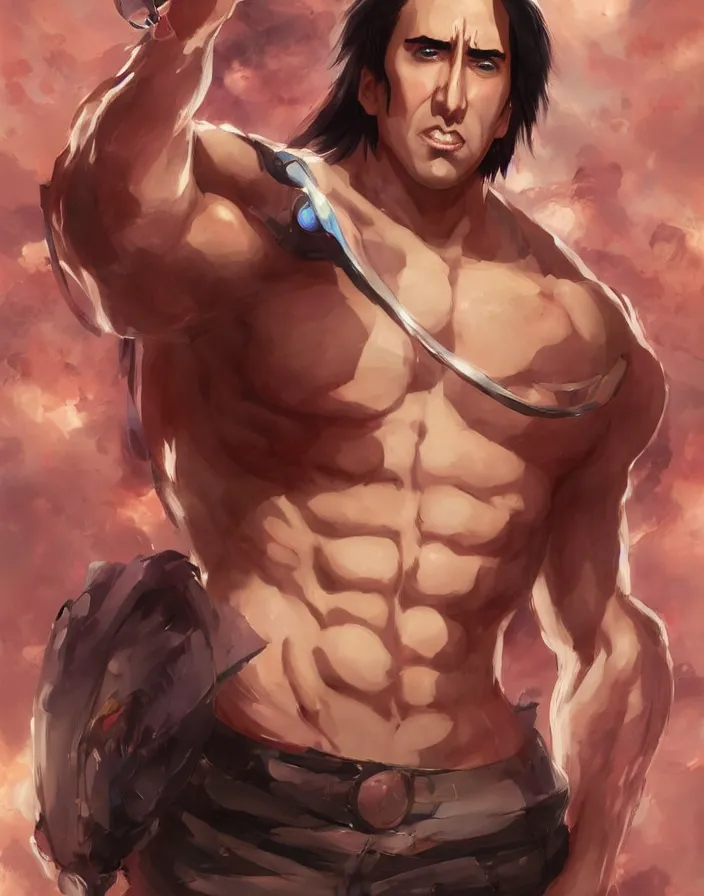 Image similar to anime portrait of nicolas cage as a muscular anime boy by Stanley Artgerm Lau, WLOP, Rossdraws, James Jean, Andrei Riabovitchev, Marc Simonetti, and Sakimichan, trending on artstation